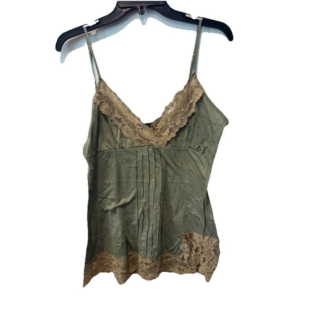 Y2K Babydoll Olive Crinkle Camisole Lace Trim Boho Grunge Adjustable Straps L - Picture 2 of 7